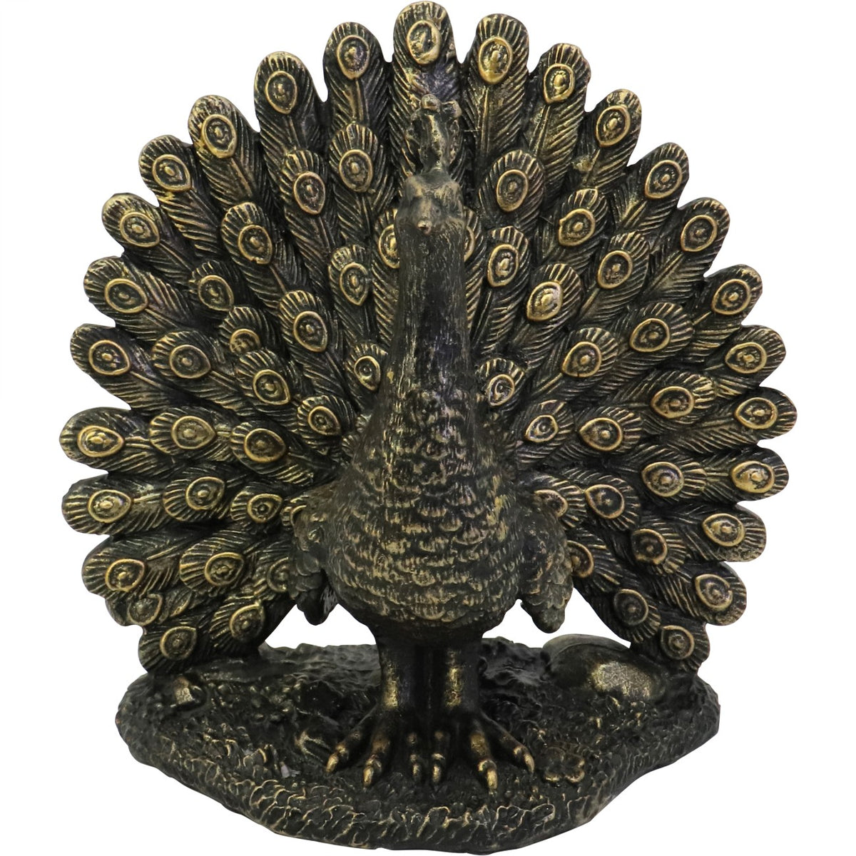 Front view of the peacock sculpture centred against a radiating tail fan with gold-toned feather eyes.