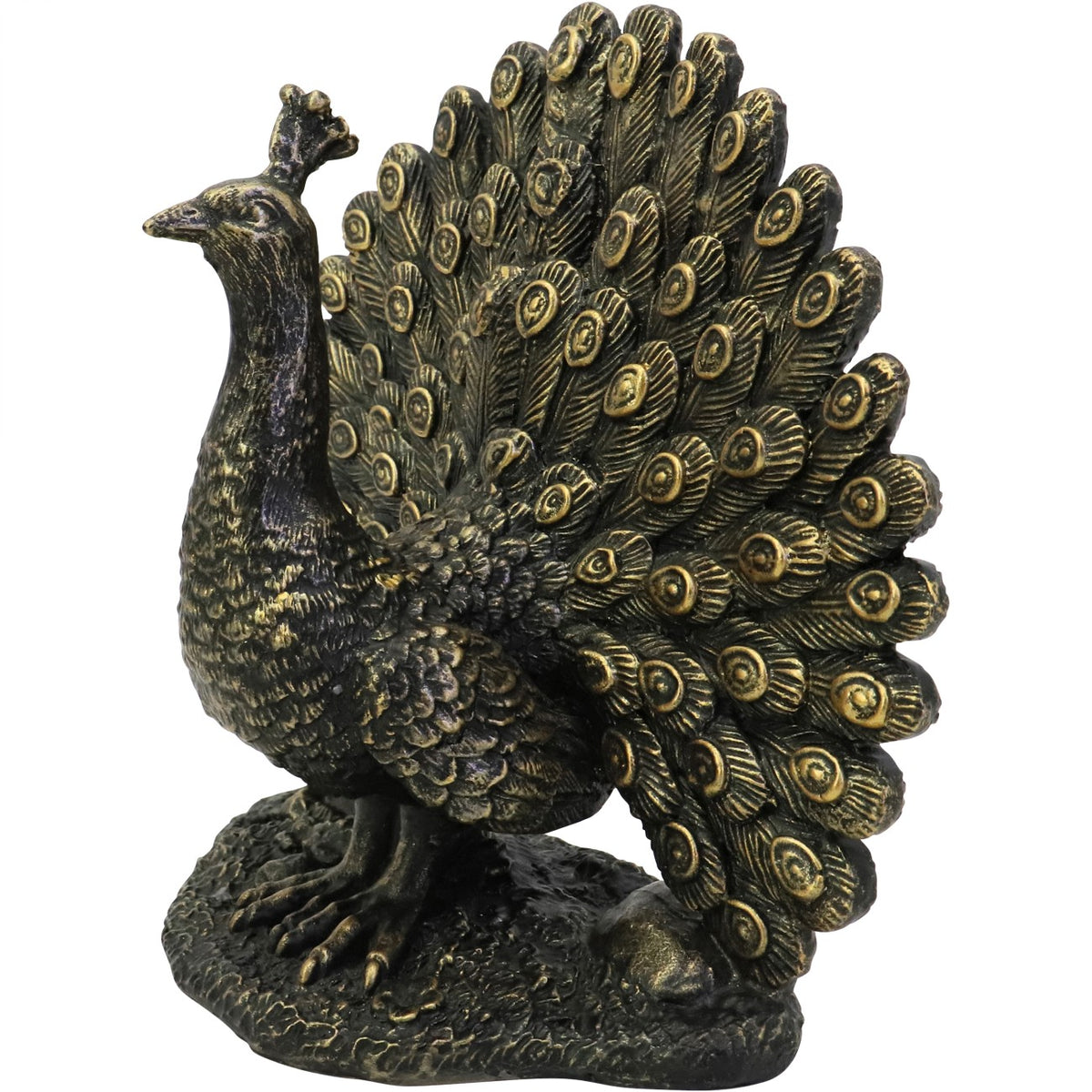 Three-quarter view of the bronze-effect peacock sculpture with its spread tail, layered wing feathers and textured oval base.