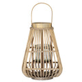 Warm tan pear-shaped lantern viewed from the front on white, with open curved slats, a high arched handle and a clear cylindrical holder visible inside.