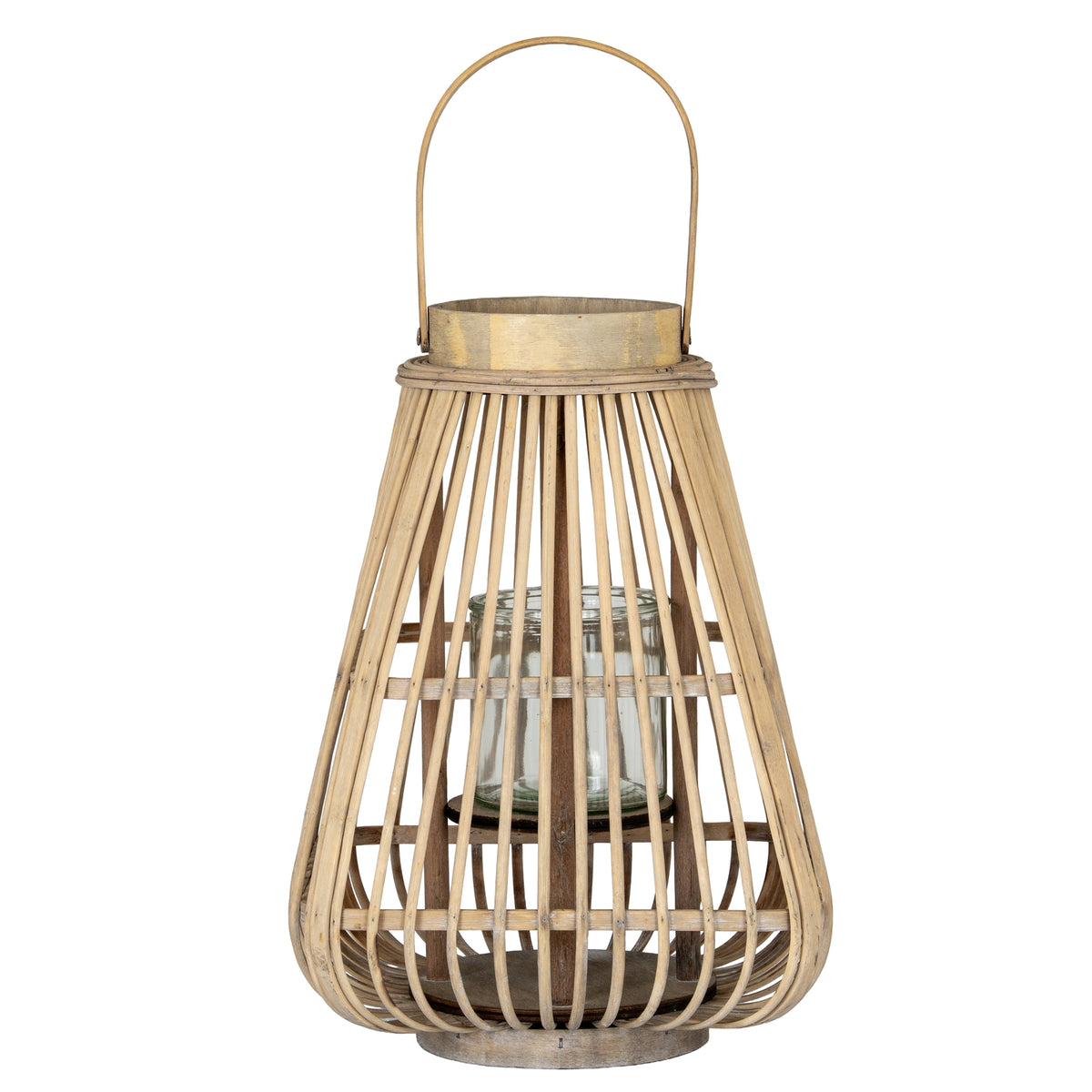 Warm tan pear-shaped lantern viewed from the front on white, with open curved slats, a high arched handle and a clear cylindrical holder visible inside.