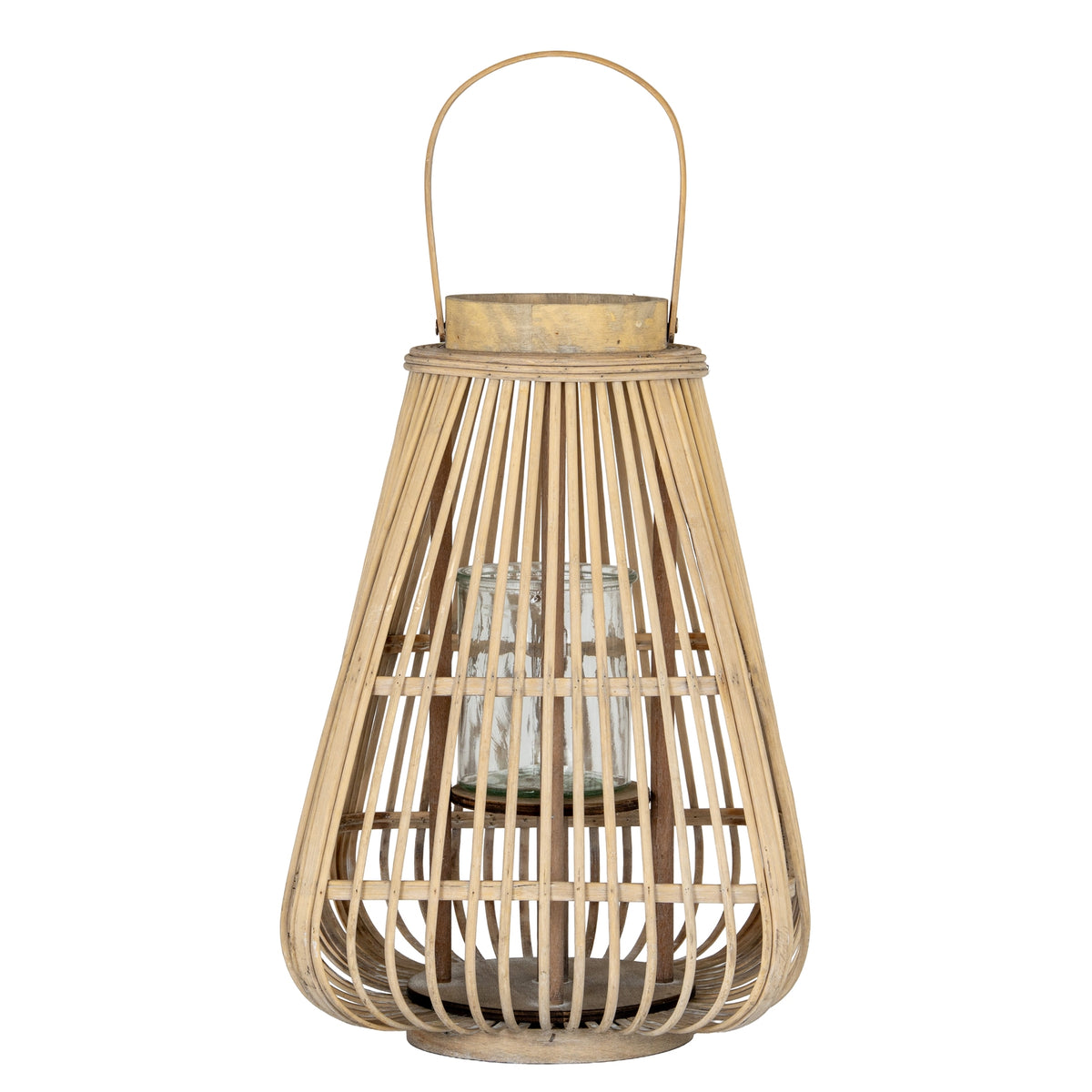 Warm tan pear-shaped lantern on a white background, with open radial slats, a tall arched handle and a cylindrical holder visible inside.