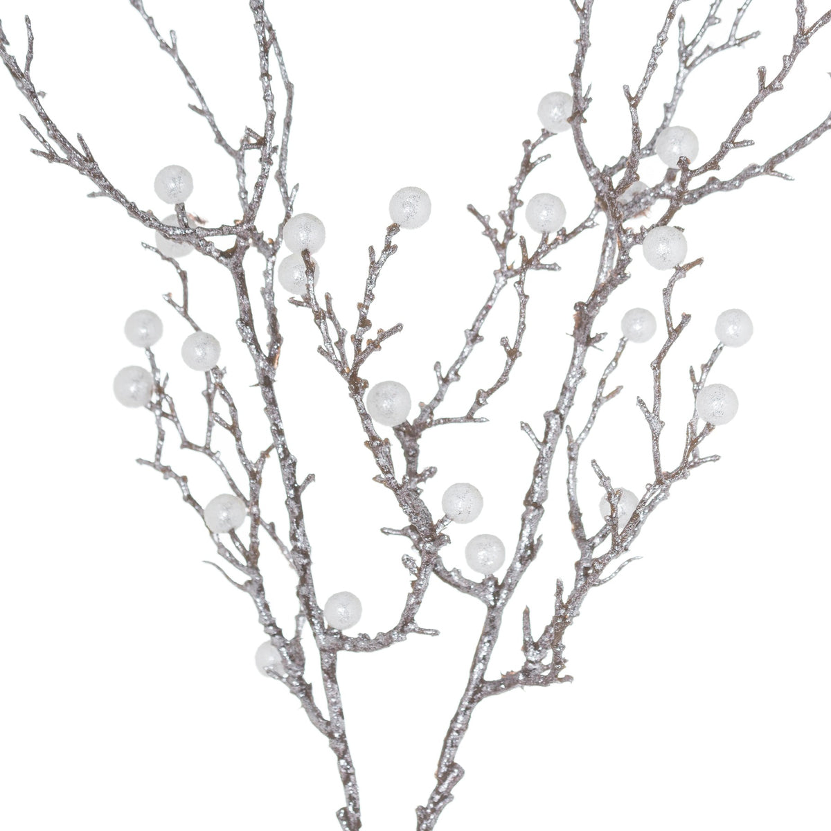 Close-up of the angular twig branches, showing their textured silver-coloured surface, scattered sparkle and translucent white spherical ornaments.