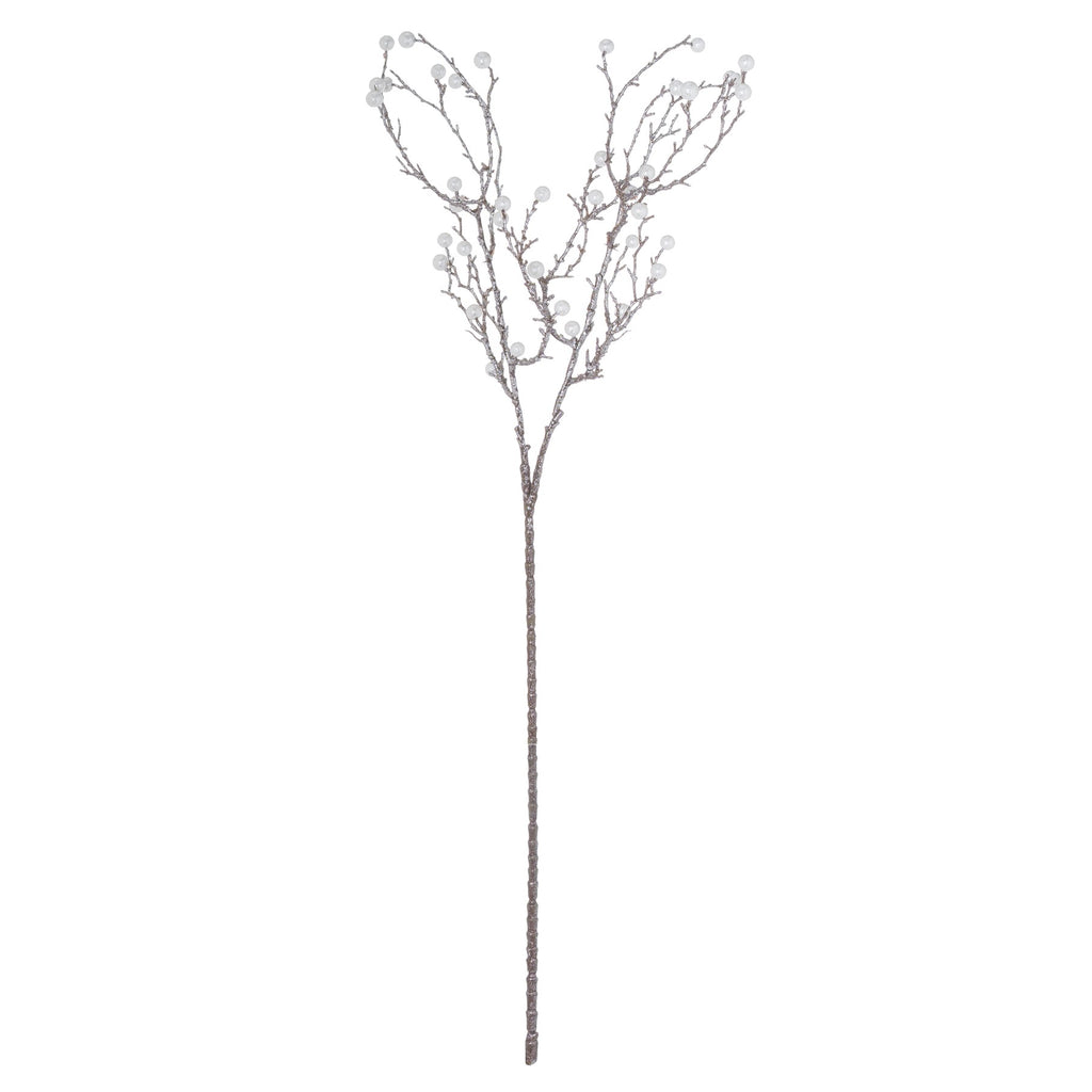 Full view of a silver-coloured artificial twig spray with a long straight stem and fine branches dotted with pearly white spheres.