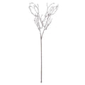 Full view of a silver-coloured artificial twig spray with a long straight stem and fine branches dotted with pearly white spheres.