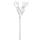 Full view of a silver-coloured artificial twig spray with a long straight stem and fine branches dotted with pearly white spheres.