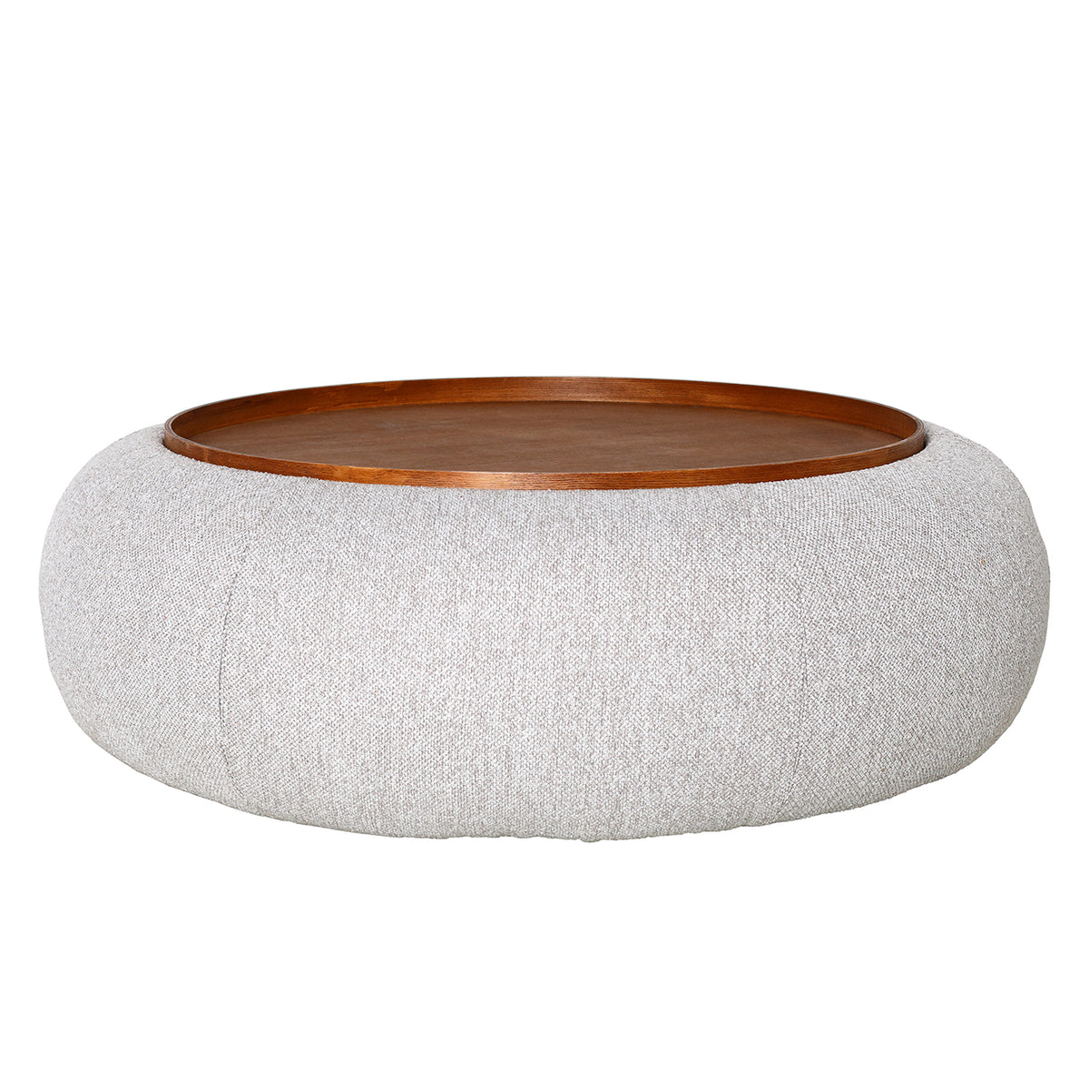 Low front view of the round Pebble ottoman with pale grey upholstery and an inset walnut-toned tray.