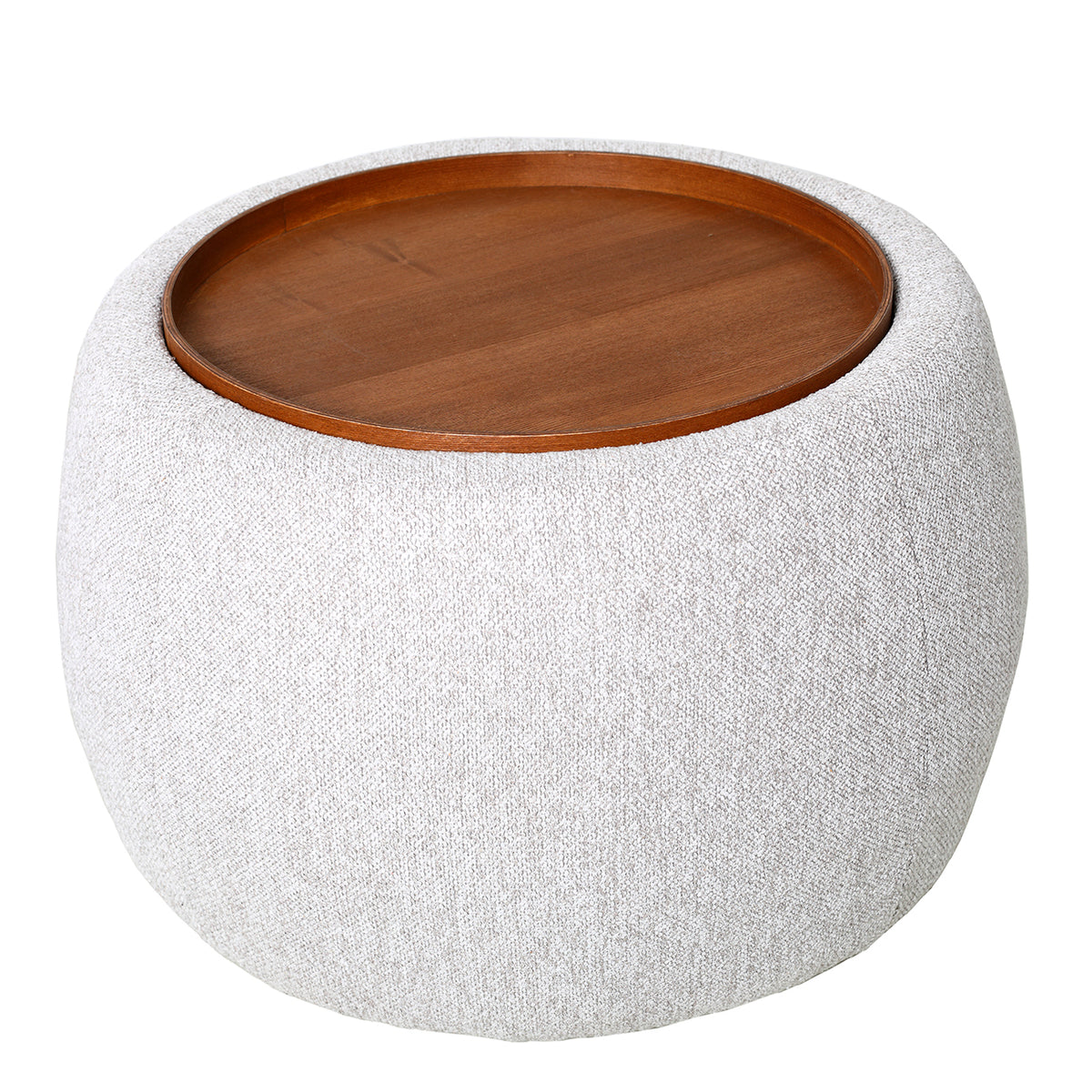 Angled view from above showing the circular wood-grain tray, raised rim and curved upholstered body.