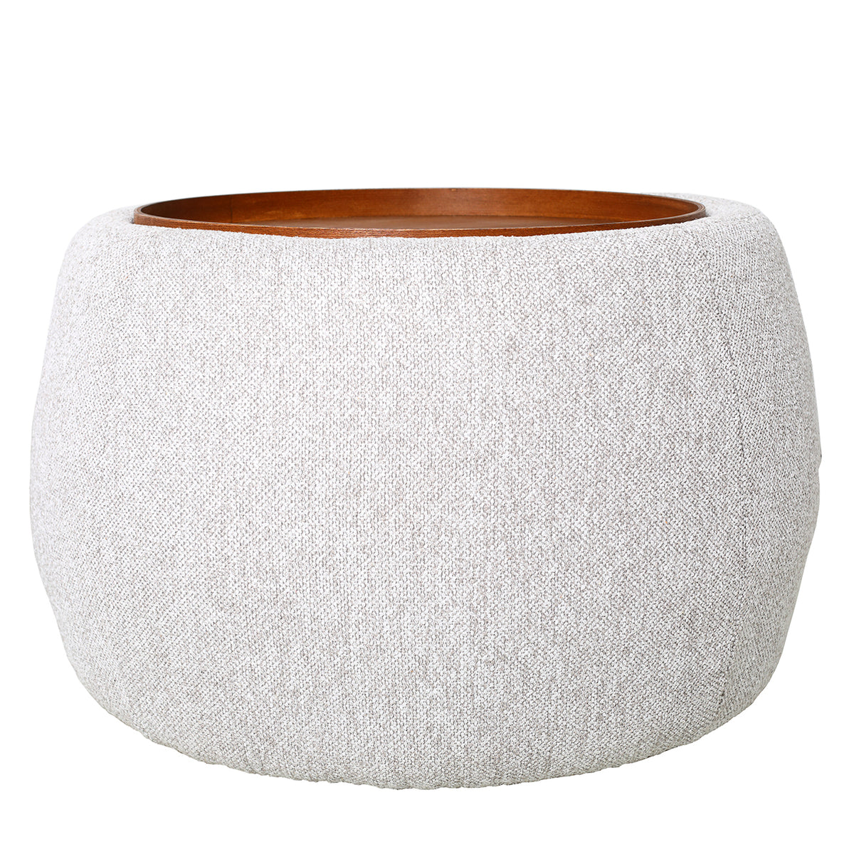 Front view of the rounded oatmeal chenille ottoman with its walnut veneer tray recessed into the top.