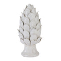 Full view of an ivory-white artichoke ornament with overlapping pointed scales and a flared circular pedestal against a white background.