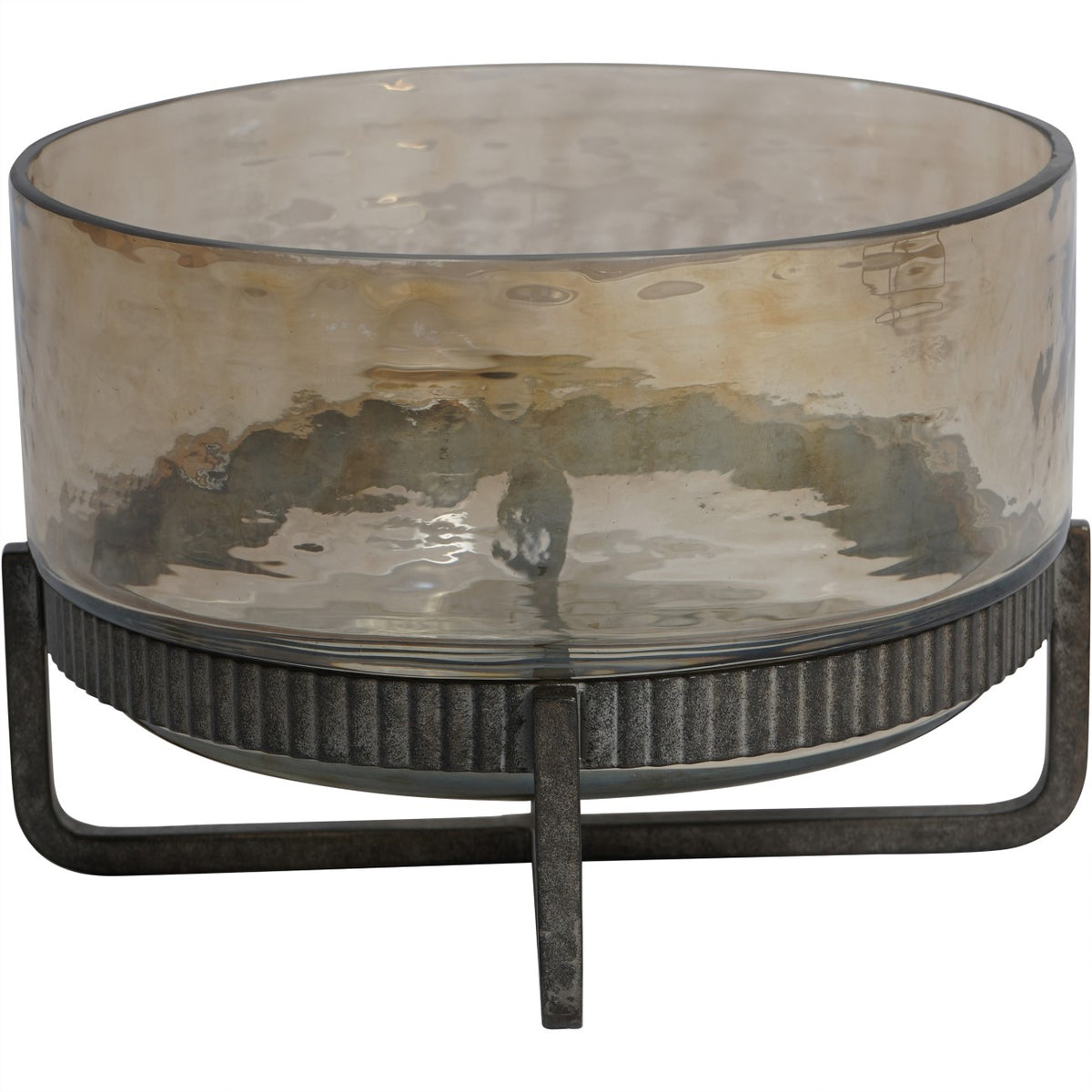 Front view of the round glass bowl, with one angular foot centred beneath the ribbed collar.