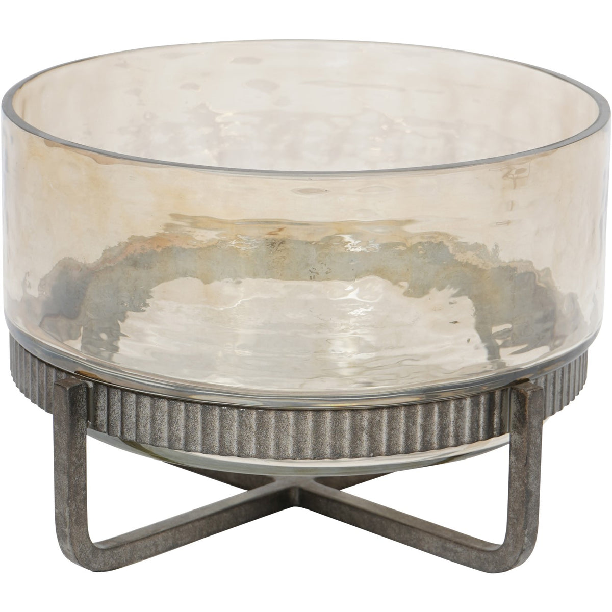 Smoky hammered glass bowl with a ribbed metal collar and raised angular stand, shown at a slight angle.