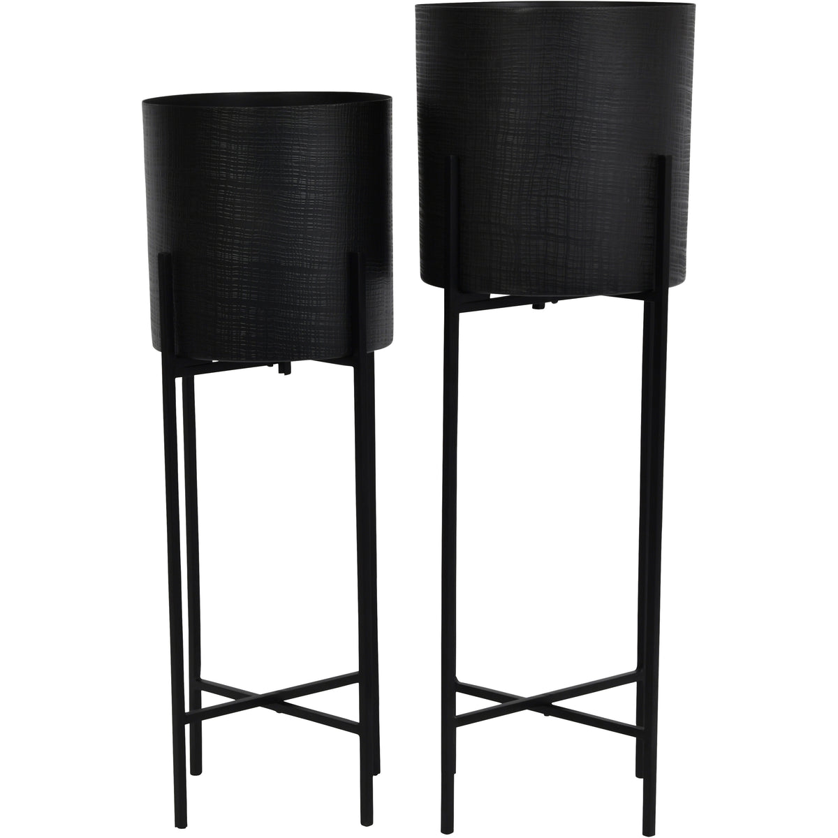 Two black cylindrical planters in different sizes on tall, slender four-legged stands with crossed lower rails.