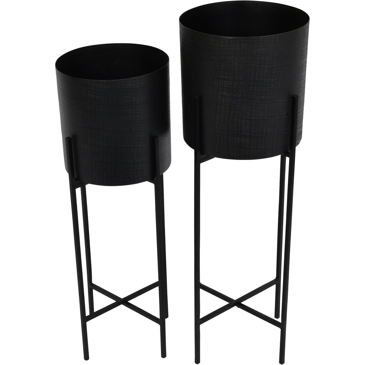 Angled view from above of both pedestal planters, showing their open black interiors, textured sides and slim stands.