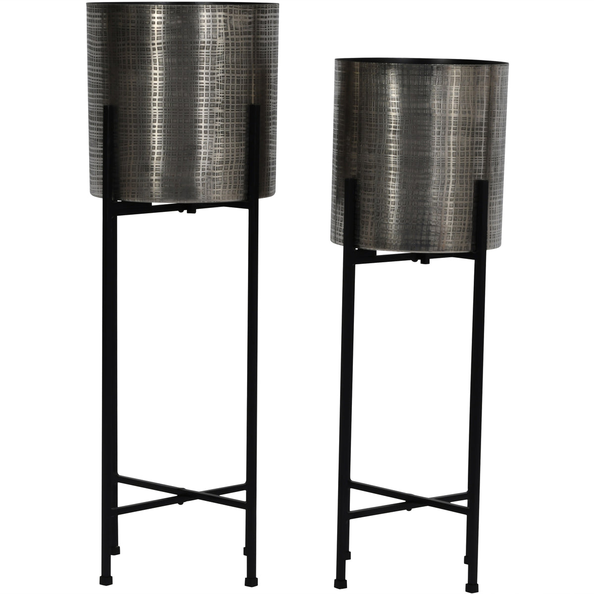Front view of two silver-toned cylindrical planters at different heights on tall black frames with crossed lower braces.