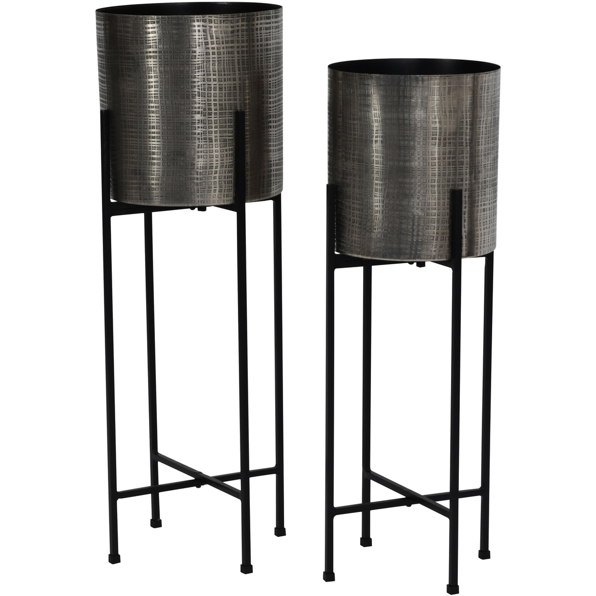 Angled view of the planter pair showing etched pots, dark open tops and four-legged black pedestal frames.