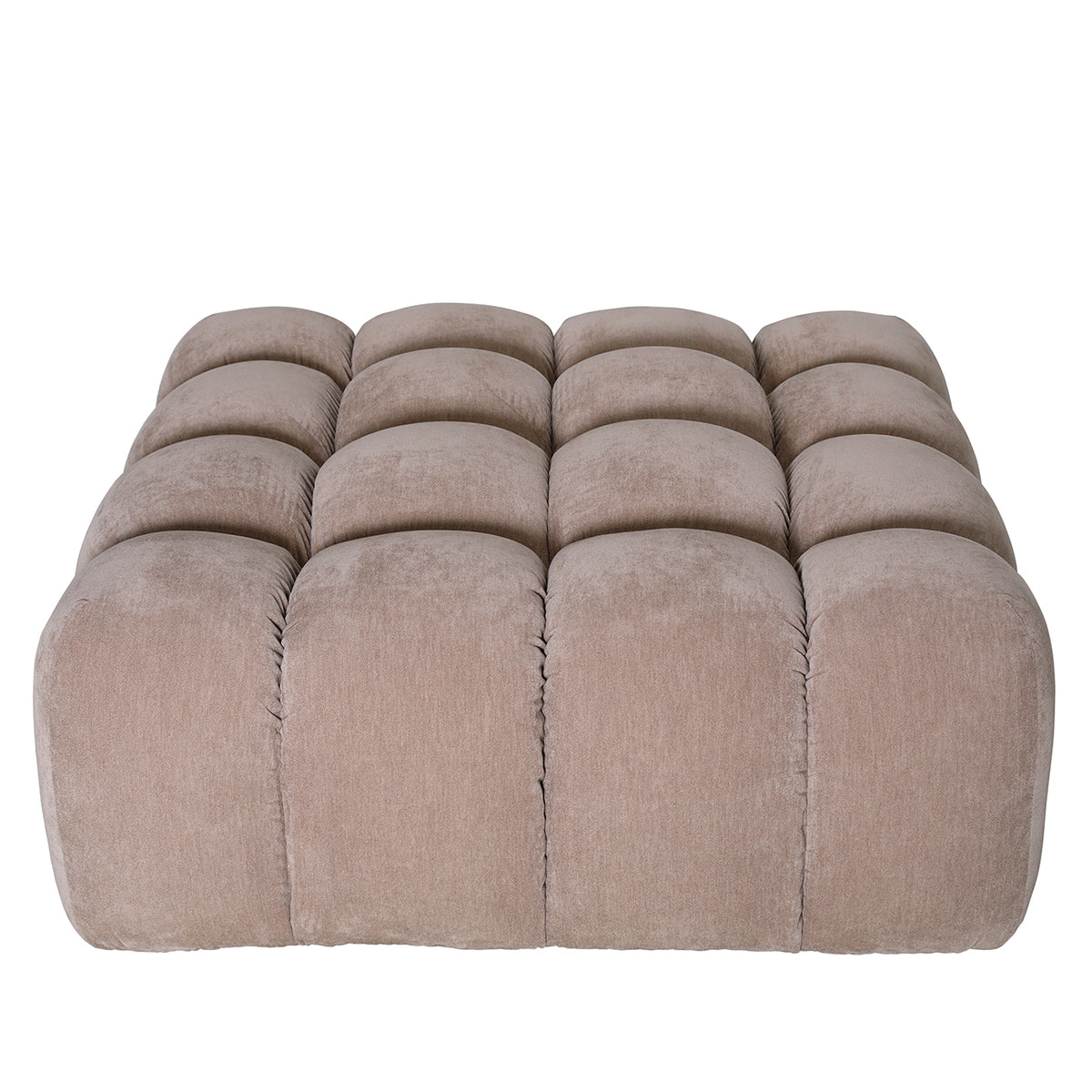 Elevated front view showing the ottoman's four-by-four grid of sixteen domed upholstered sections.