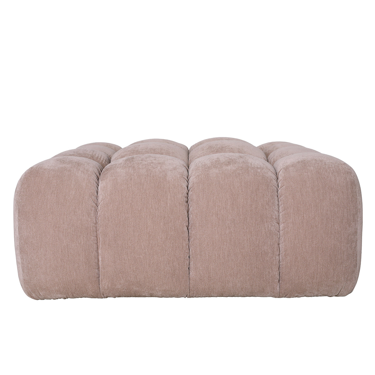 Front view of the mushroom taupe velvet ottoman, showing rounded sections and channels running down the sides.