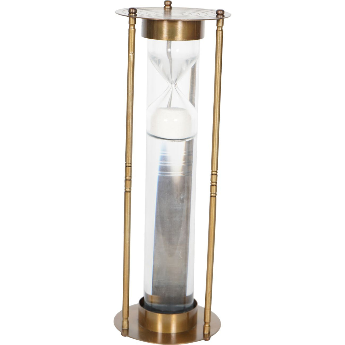 Sand timer viewed between two front uprights, showing the hourglass above the long clear column.