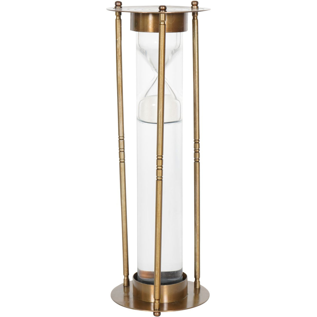 Full view of the tall sand timer with white sand, clear cylindrical surround and three antique brass effect uprights.
