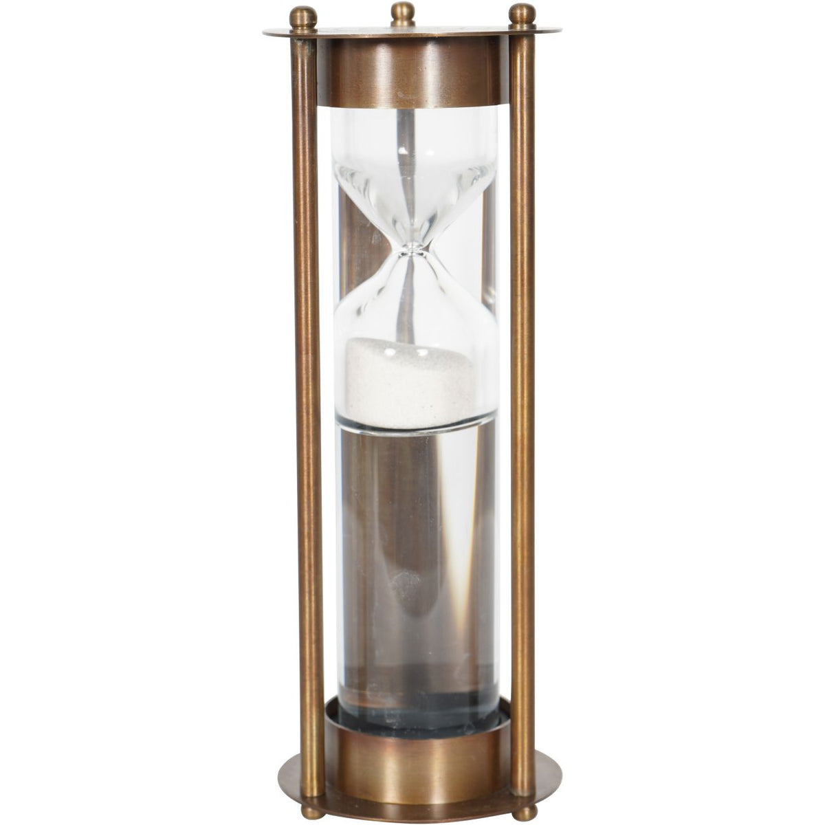 Straight-on view of the sand timer with the hourglass visible between slender metal uprights.