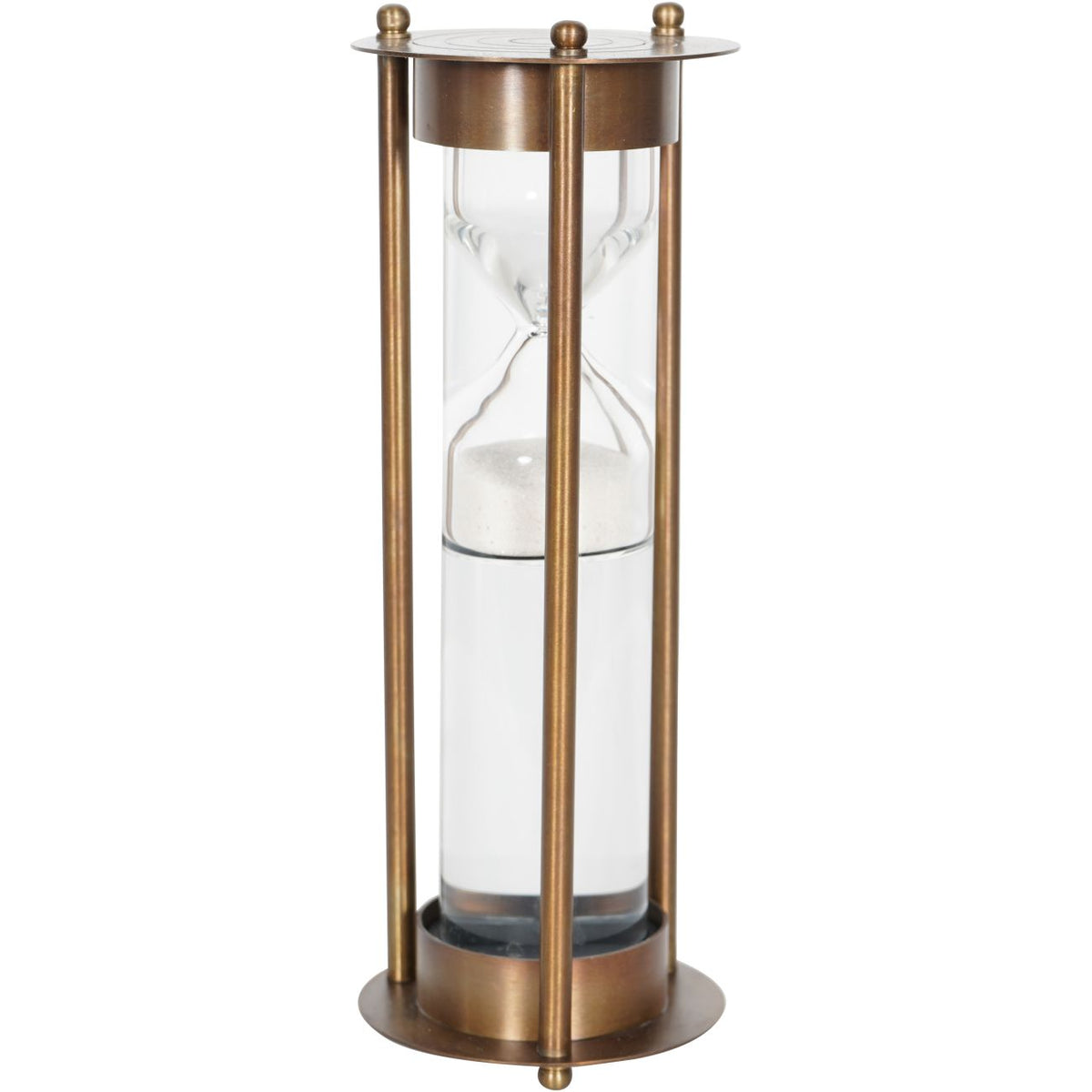 Small sand timer at a slight angle, showing its antique brass-finished frame, clear glass cylinder and white sand.