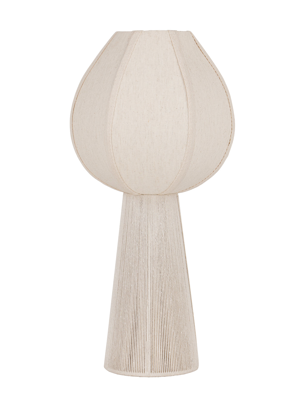 Unlit cream table lamp with a rounded panelled shade and tall tapered rope-covered base against a white background.