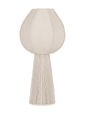 Unlit cream table lamp with a rounded panelled shade and tall tapered rope-covered base against a white background.