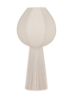 Unlit cream table lamp with a rounded panelled shade and tall tapered rope-covered base against a white background.