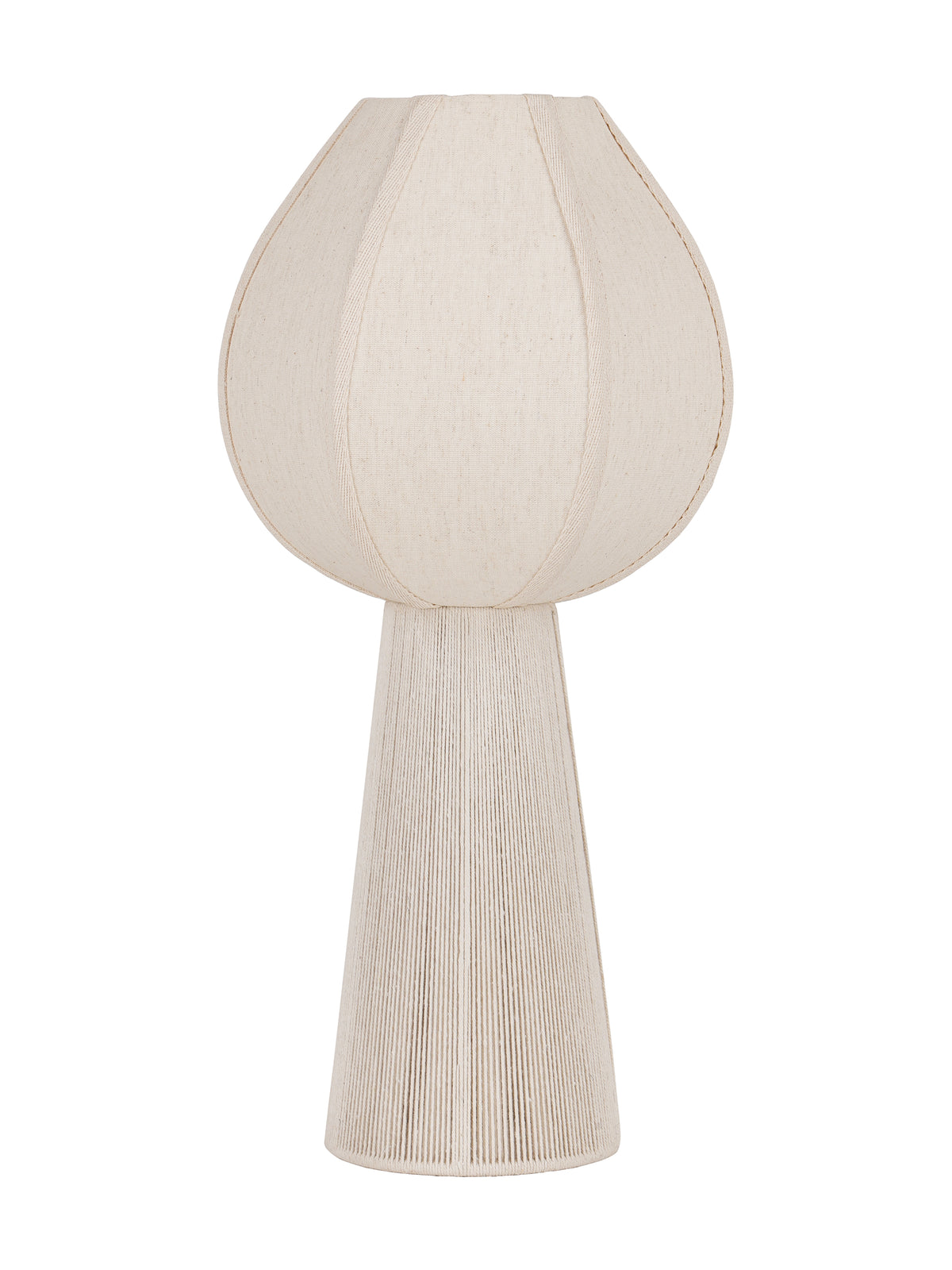 Unlit cream table lamp with a rounded panelled shade and tall tapered rope-covered base against a white background.