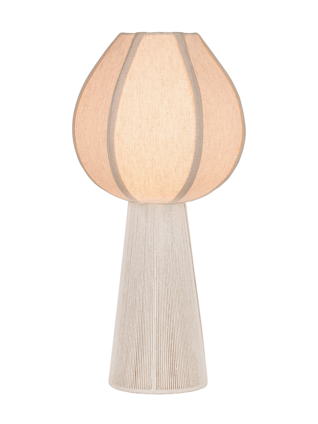 Cream table lamp switched on, showing a glowing fabric shade with curved vertical bands above a tapered rope-covered base.