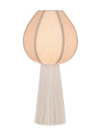 Cream table lamp switched on, showing a glowing fabric shade with curved vertical bands above a tapered rope-covered base.