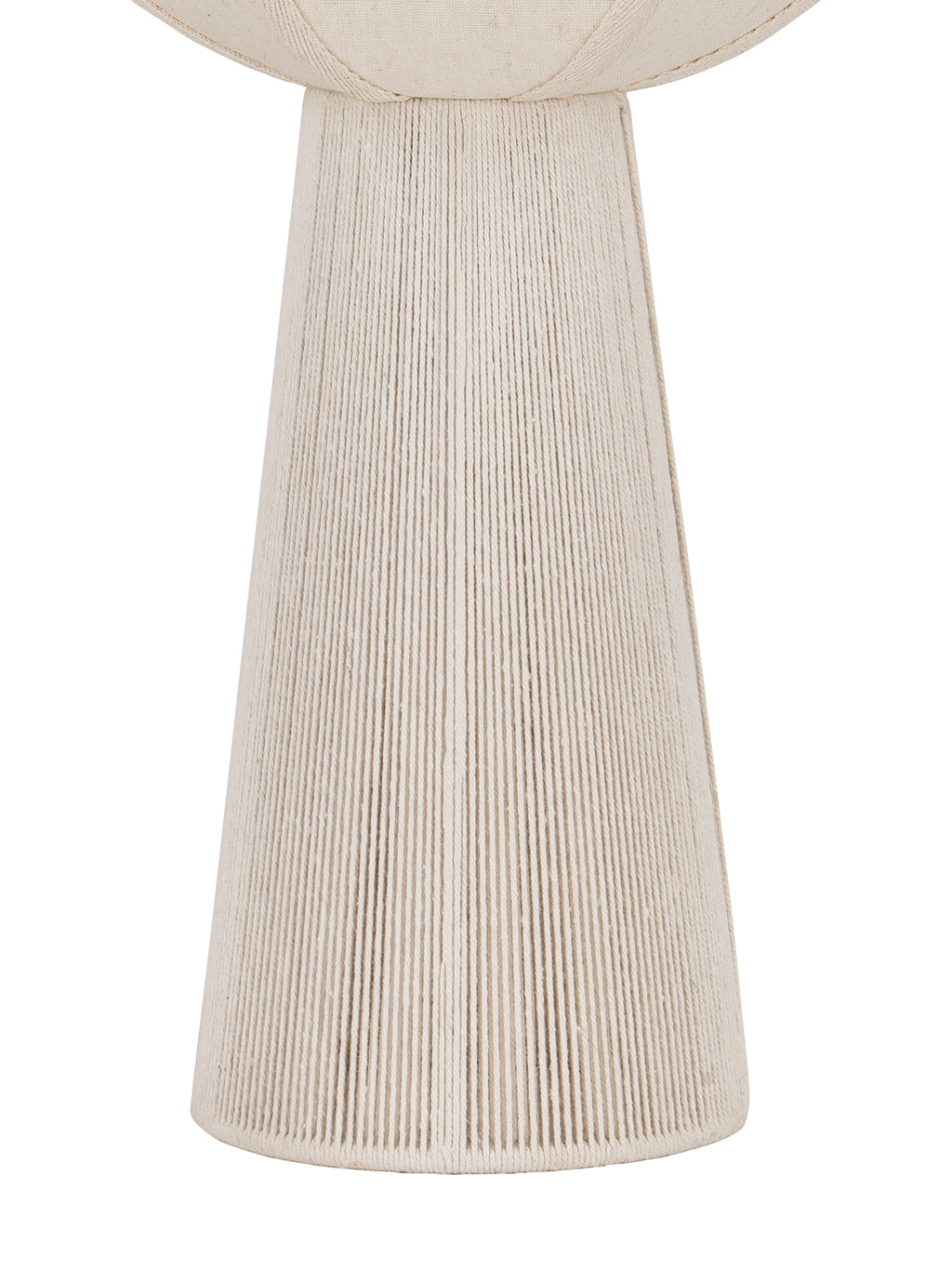 Close view of the lamp's tapered base, showing closely spaced cream rope lines beneath the lower edge of the shade.