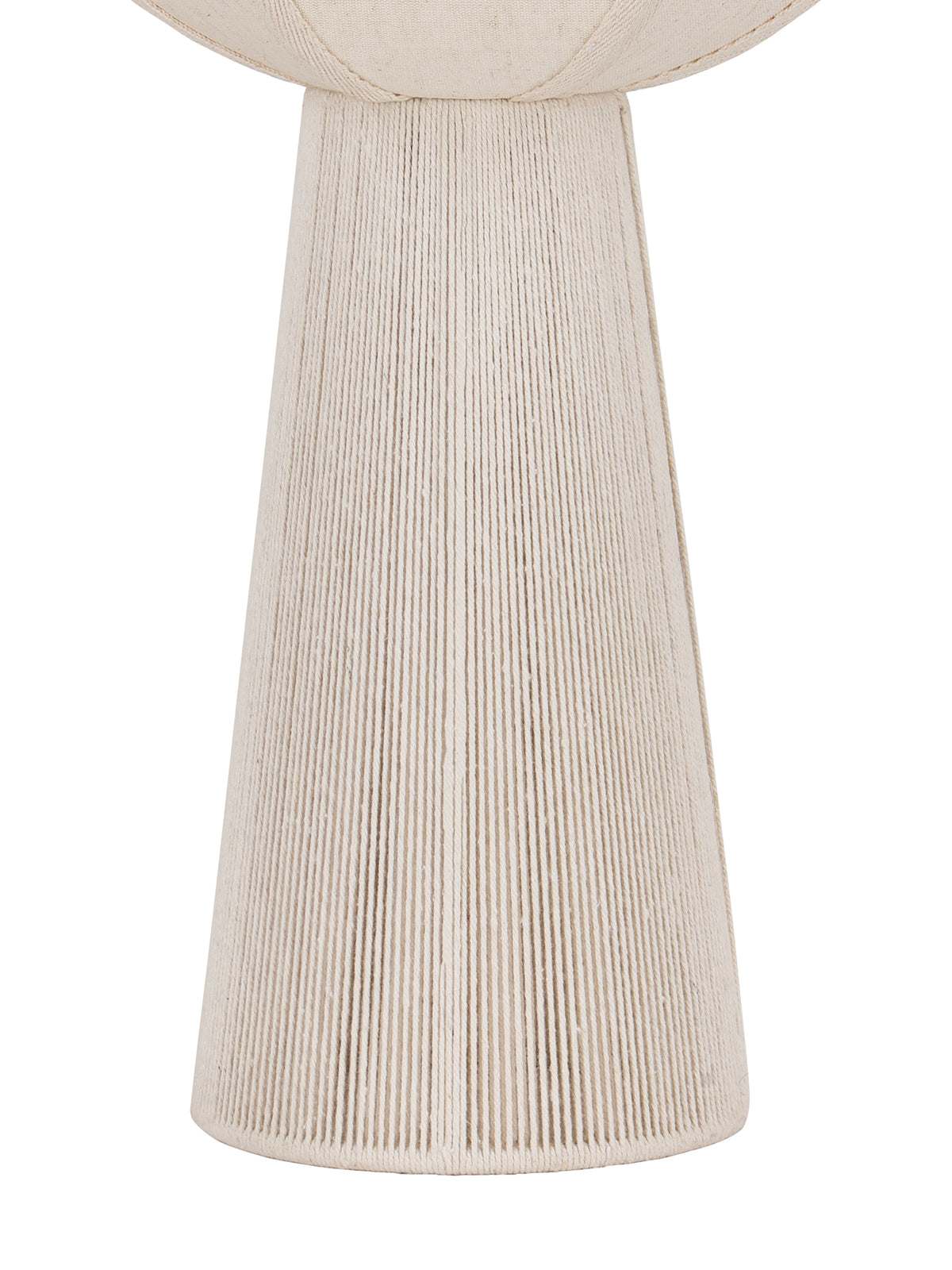 Close view of the lamp's tapered base, showing closely spaced cream rope lines beneath the lower edge of the shade.