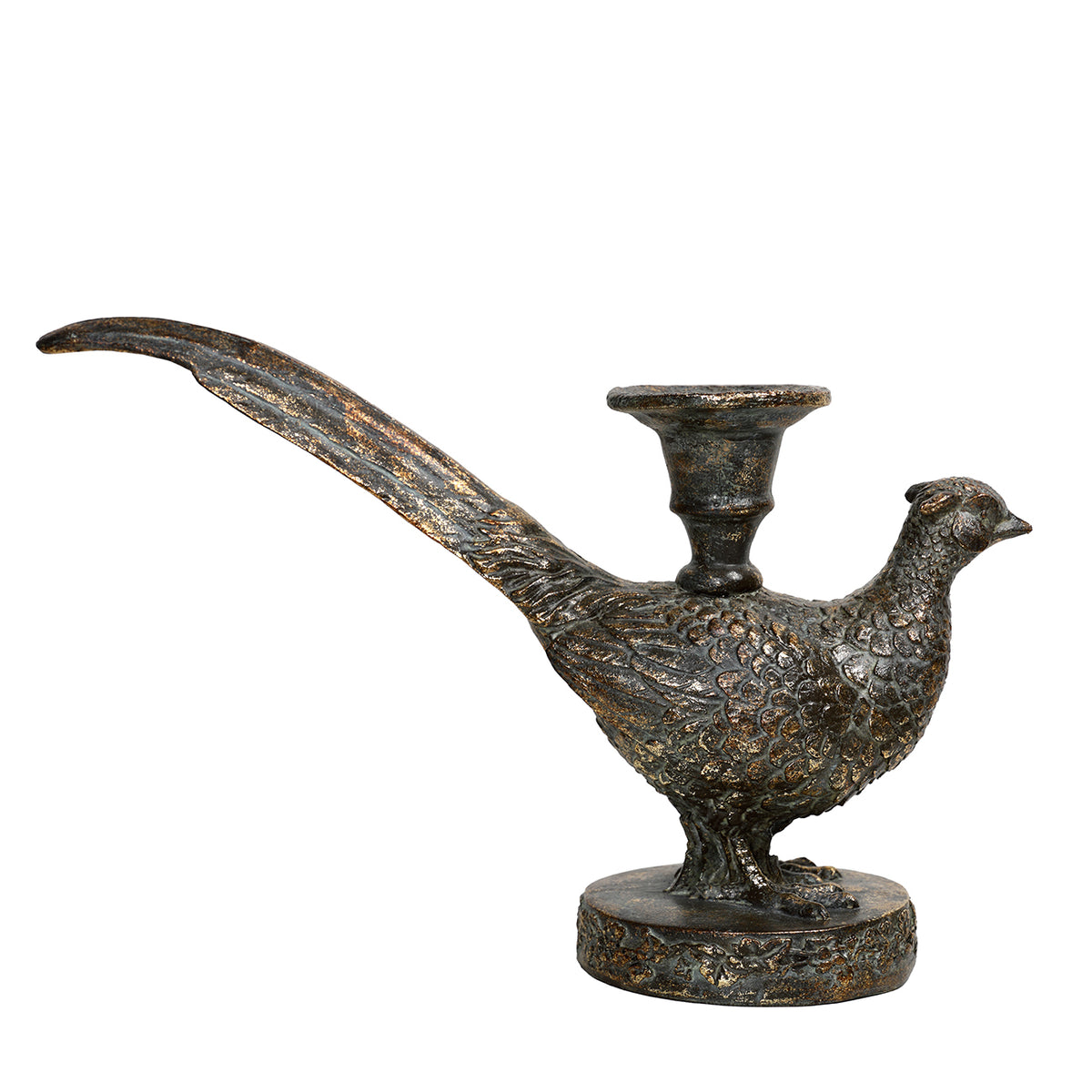 Side view of the pheasant candleholder facing right, with a long tail sweeping left and a candle cup above its back.