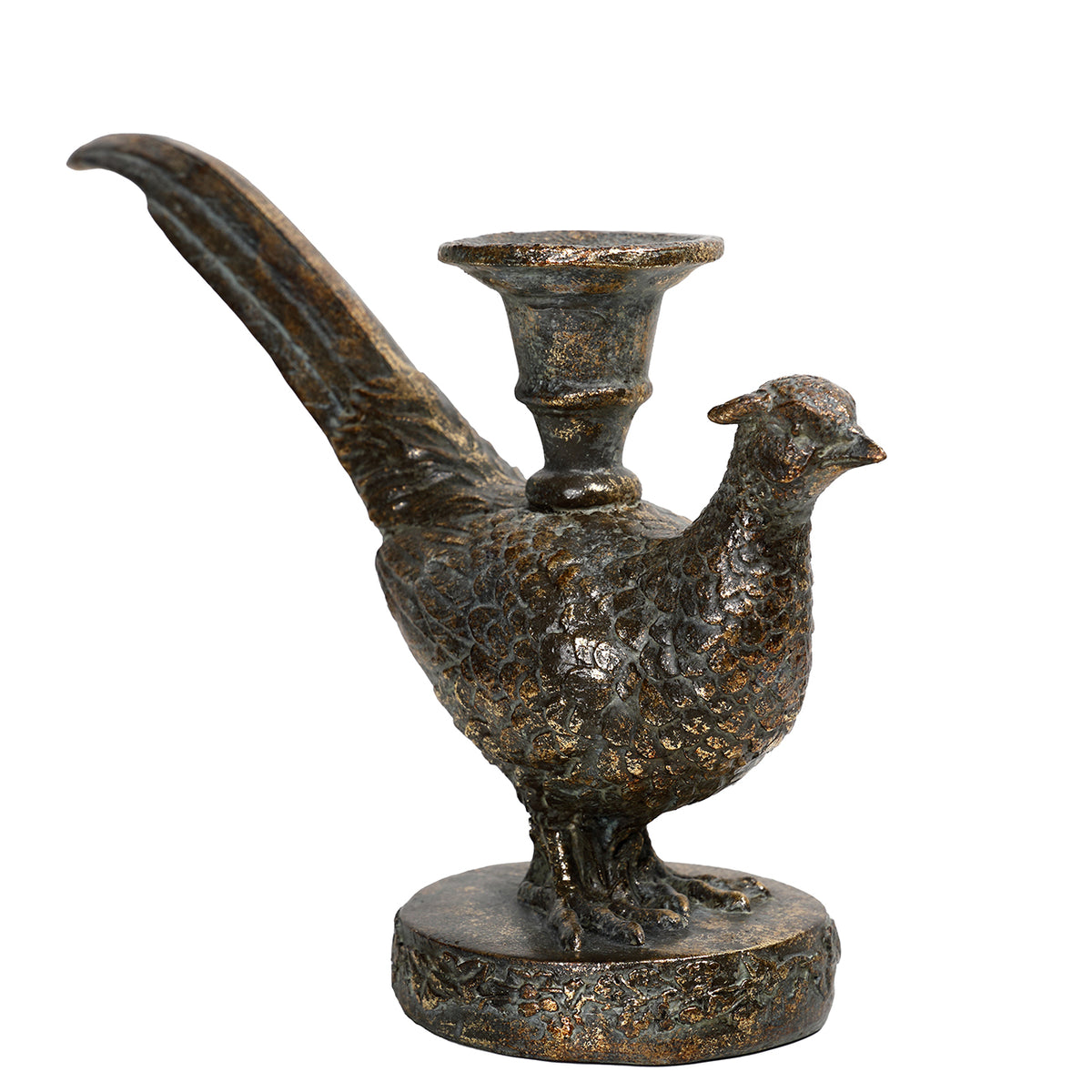 Three-quarter view of the pheasant candleholder facing right, showing its rounded breast, raised feather texture and circular plinth.