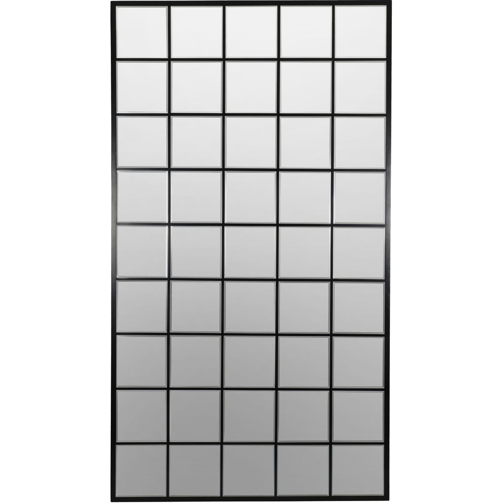 Front view of the tall rectangular Pier mirror, with a black frame and a regular grid of bevelled mirror panes.