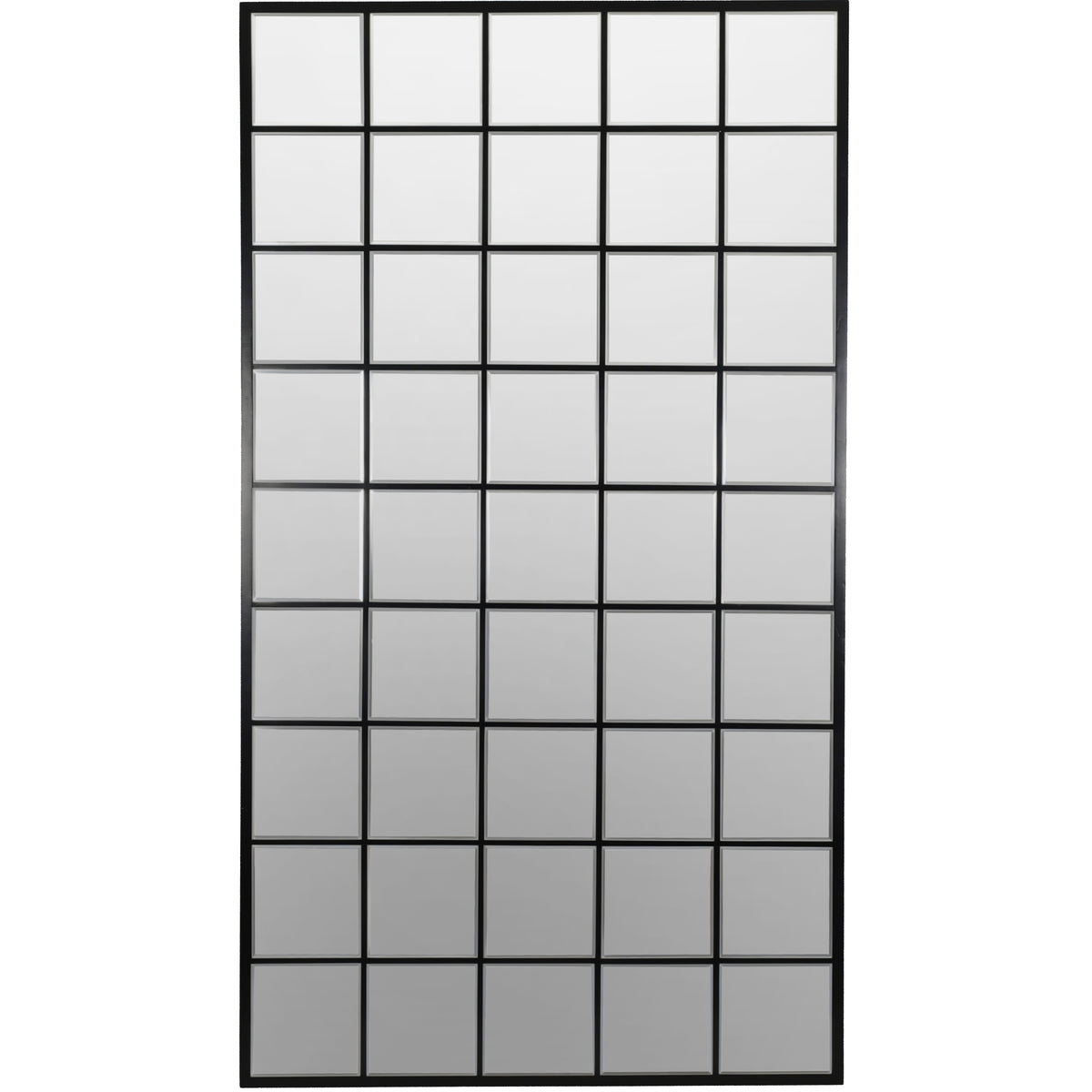 Front view of the tall rectangular Pier mirror, with a black frame and a regular grid of bevelled mirror panes.