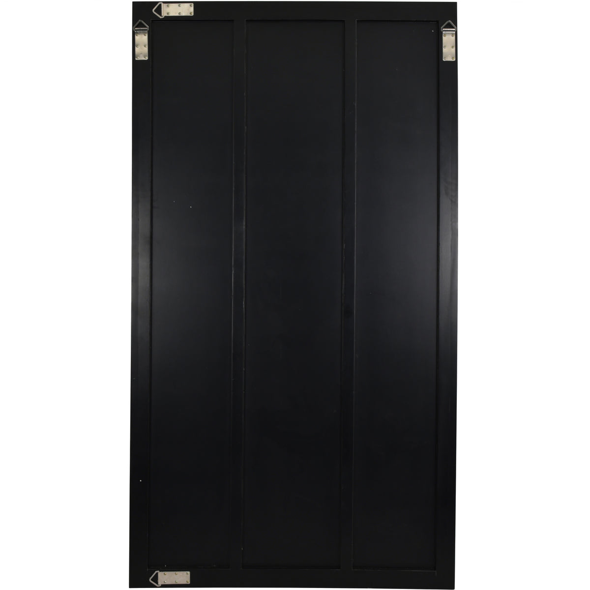 Rear view of the Pier mirror showing its black backing, three recessed vertical panels and metal fittings around the edges.