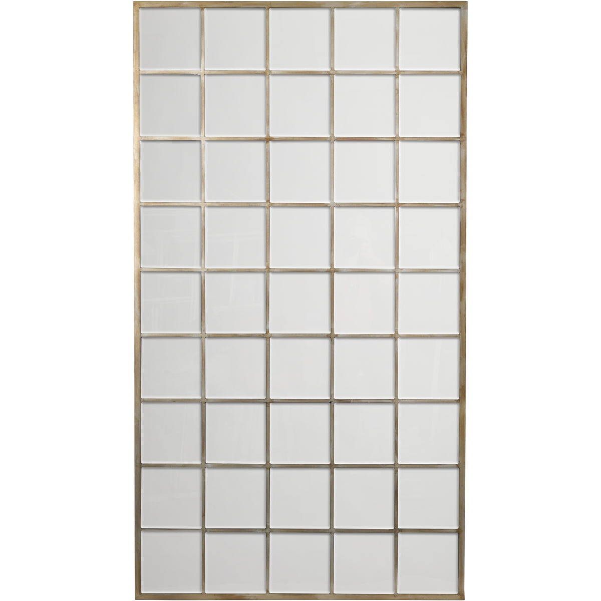 Front view of the rectangular Pier Leaning Mirror with a champagne gold grid of individual mirror panes.