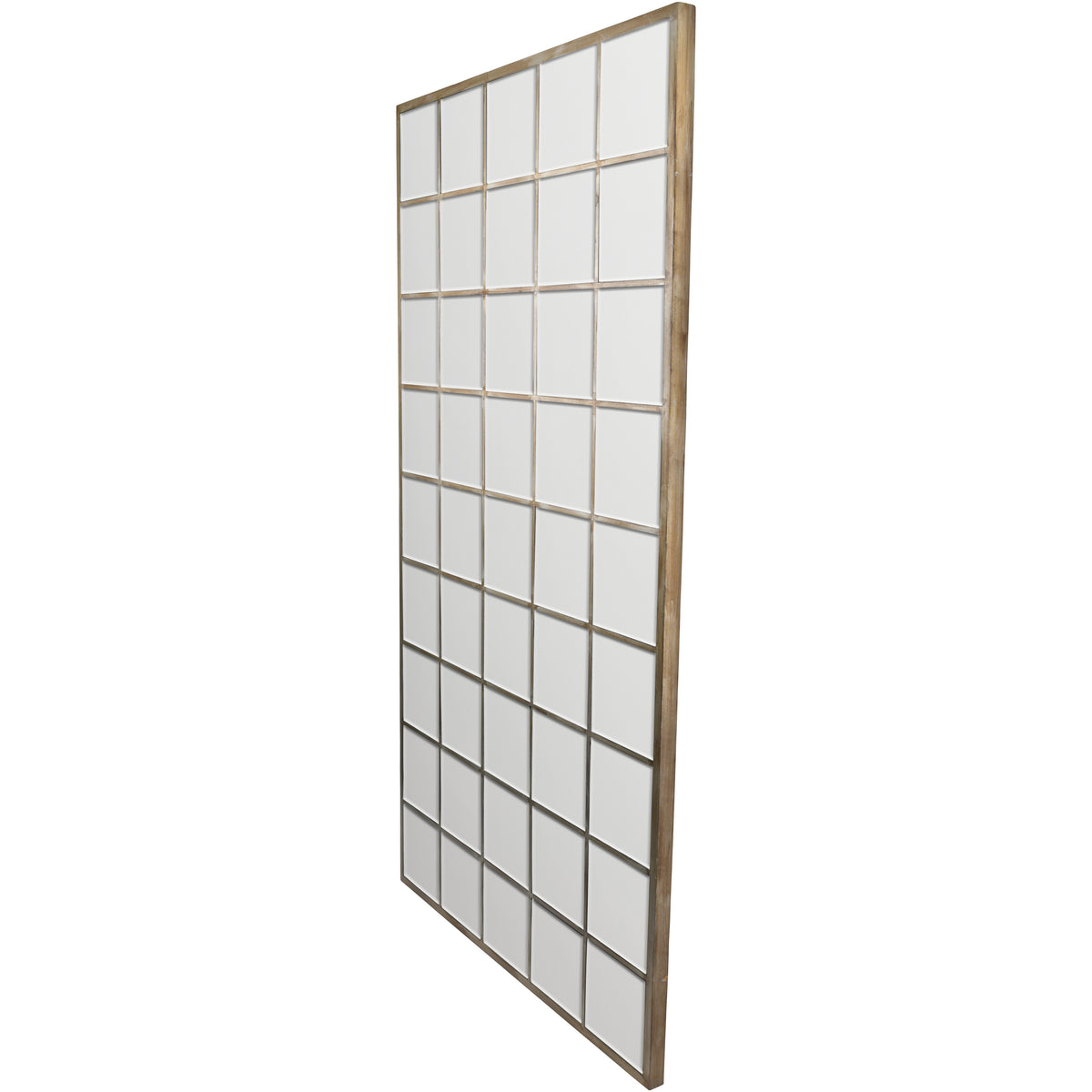 Angled view of the portrait mirror showing its shallow frame and regular grid of glass panes.