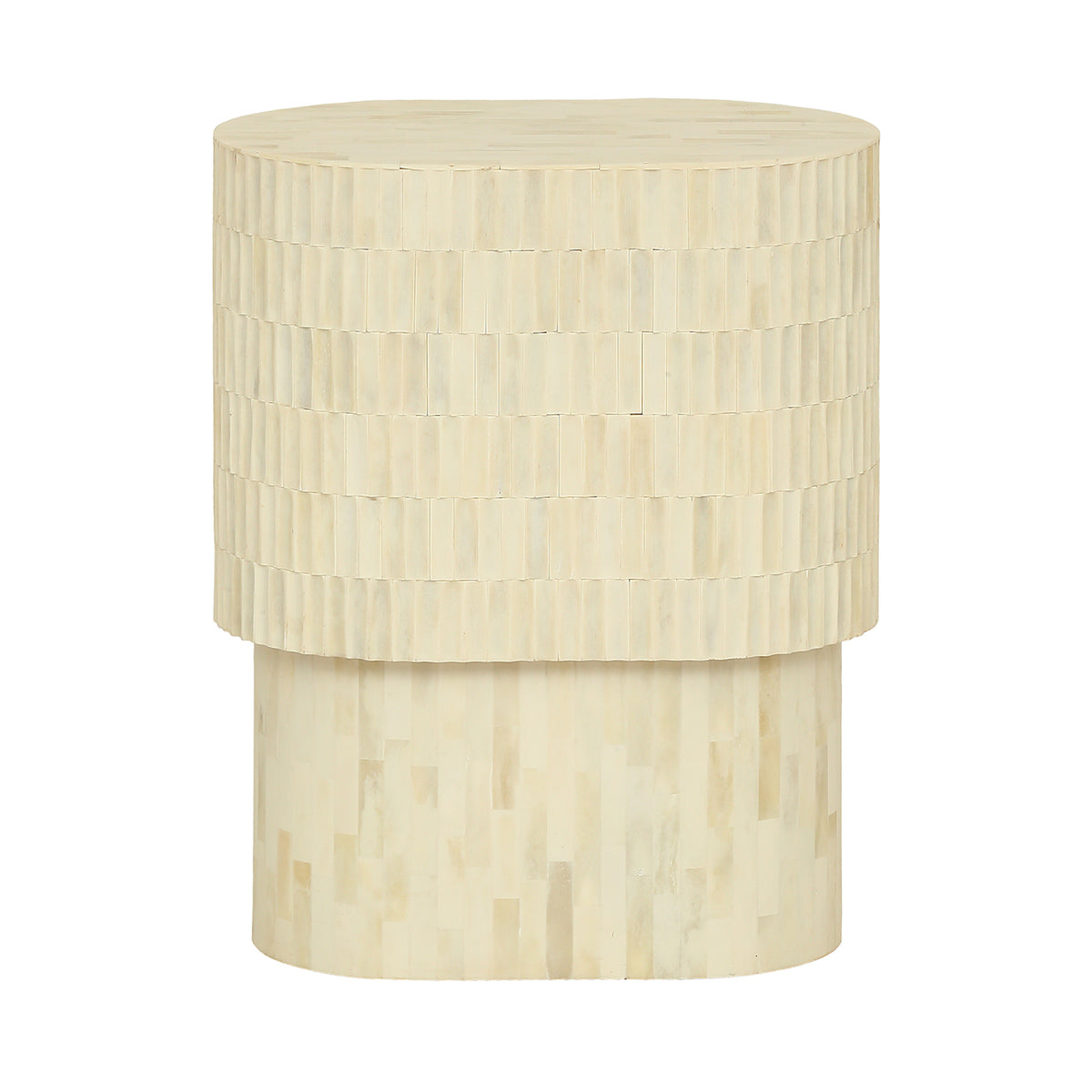 Front view of the cream Pietra Side Table with a textured upper body and narrower rounded pedestal base.