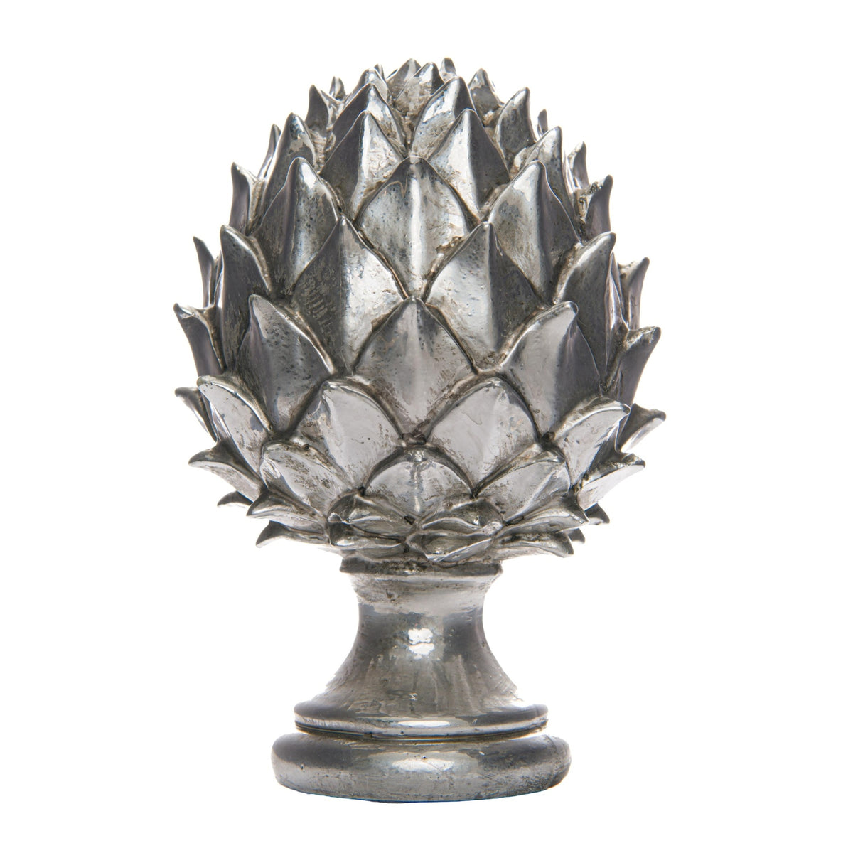 Silver-coloured pinecone finial with overlapping pointed scales, a narrow neck and rounded stepped pedestal base on a white background.