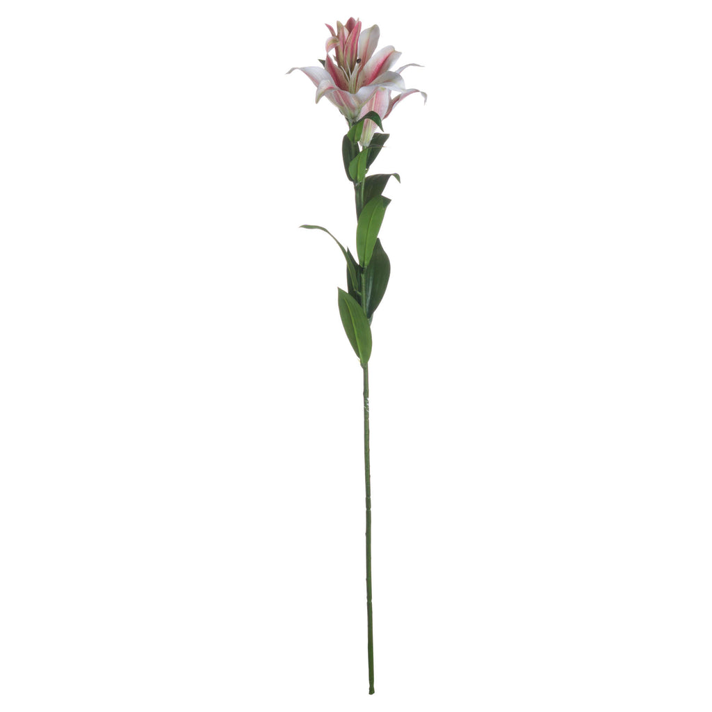 Full view of an artificial flower stem against white, with pink and white blooms and buds above narrow green leaves.