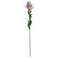 Full view of an artificial flower stem against white, with pink and white blooms and buds above narrow green leaves.