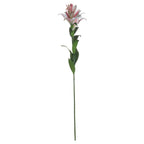 Full view of an artificial flower stem against white, with pink and white blooms and buds above narrow green leaves.