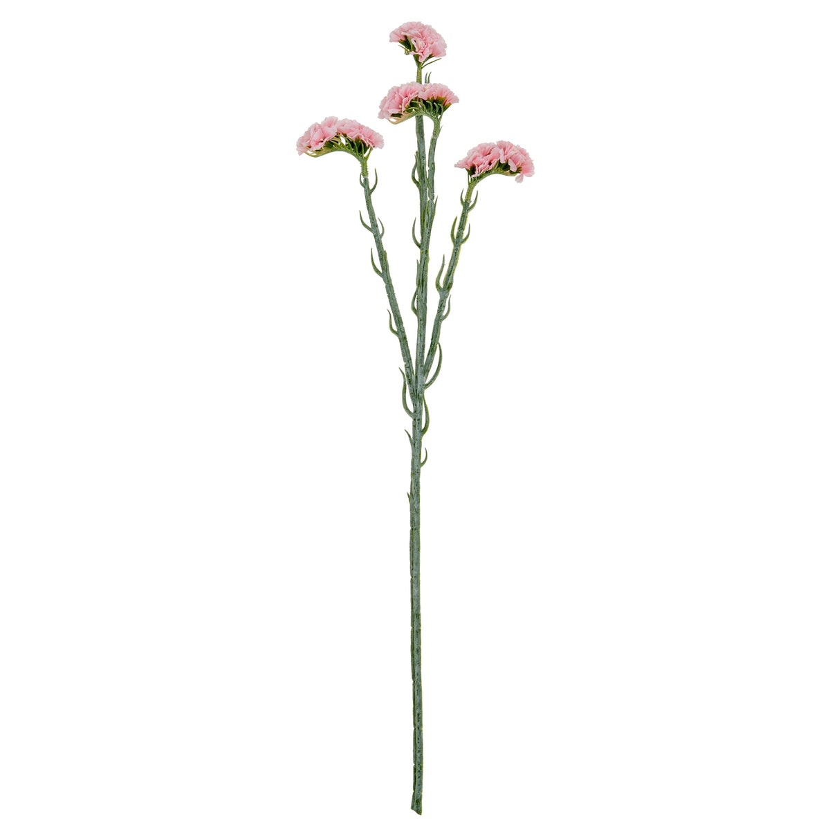 Full view of the pink artificial flower spray with clustered blooms at different heights above a long green stem on a white background.