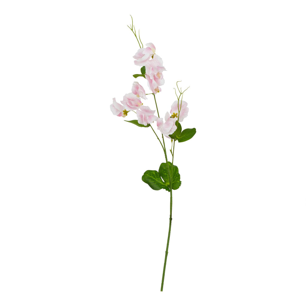 Full view of a slender green artificial flower stem with branching pale pink and white blooms, green leaves and curling tips against white.
