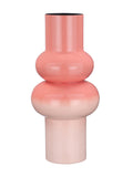 Glossy vase on a white background, with a coral cylindrical neck, two rounded stacked sections and a pale blush cylindrical base.