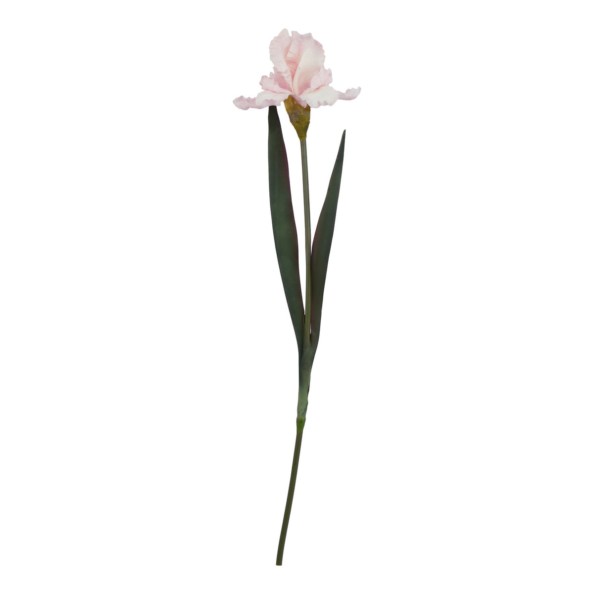 Full view of a pale pink artificial flower on a long green stem, with an olive-coloured cup beneath the bloom and two dark green blade-like leaves.