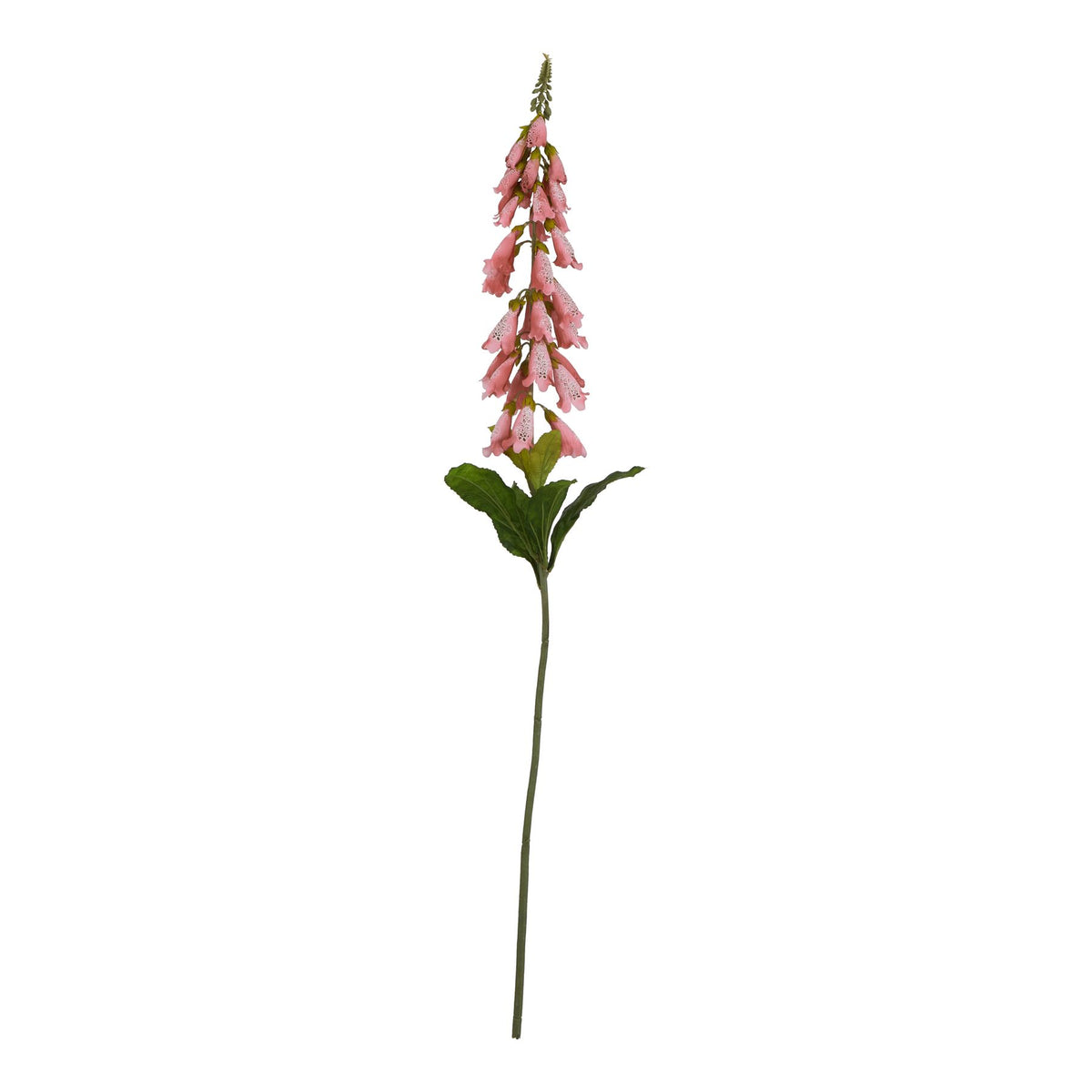 Full view of a pink artificial flower stem with a tapering spike of hanging bells, green leaves beneath the flowers and a long bare lower stem.